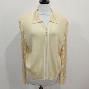 St. John Collection Marie Gray Yellow Zip Up Sweater Crochet Sleeve 16 Vintage!